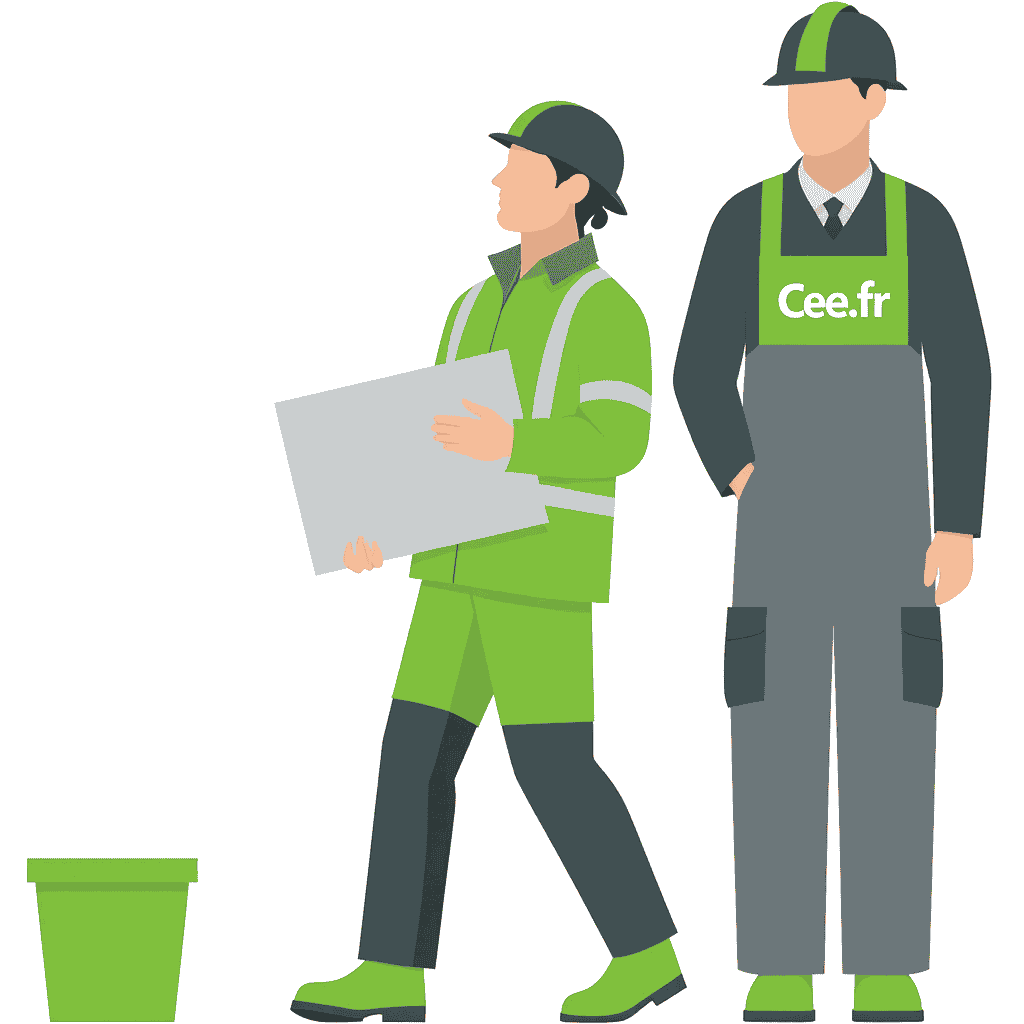 Travailleurs en uniforme vert et gris.